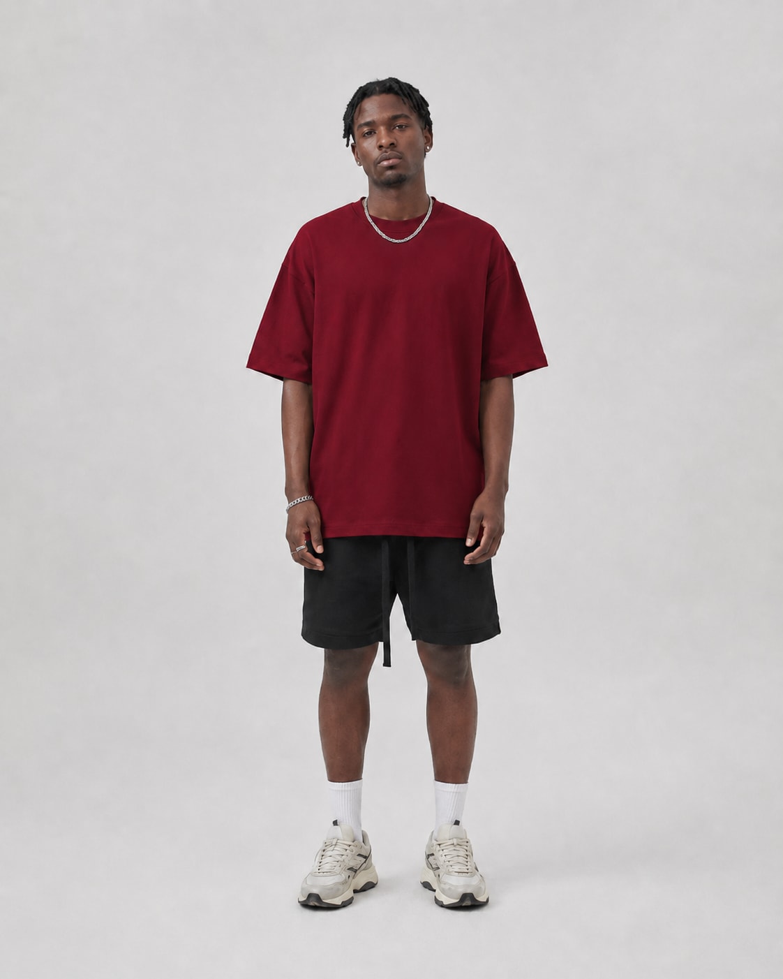 Essential Oversized T-Shirt in Dark Red, full length view on model