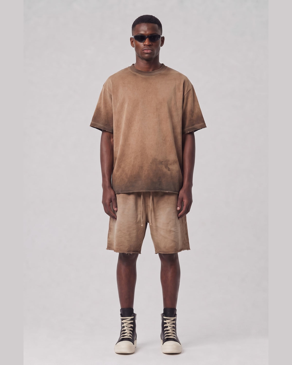 Washed Oversized Set in Caramel, front view on model