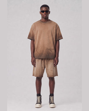 Washed Oversized Set in Caramel, front view on model