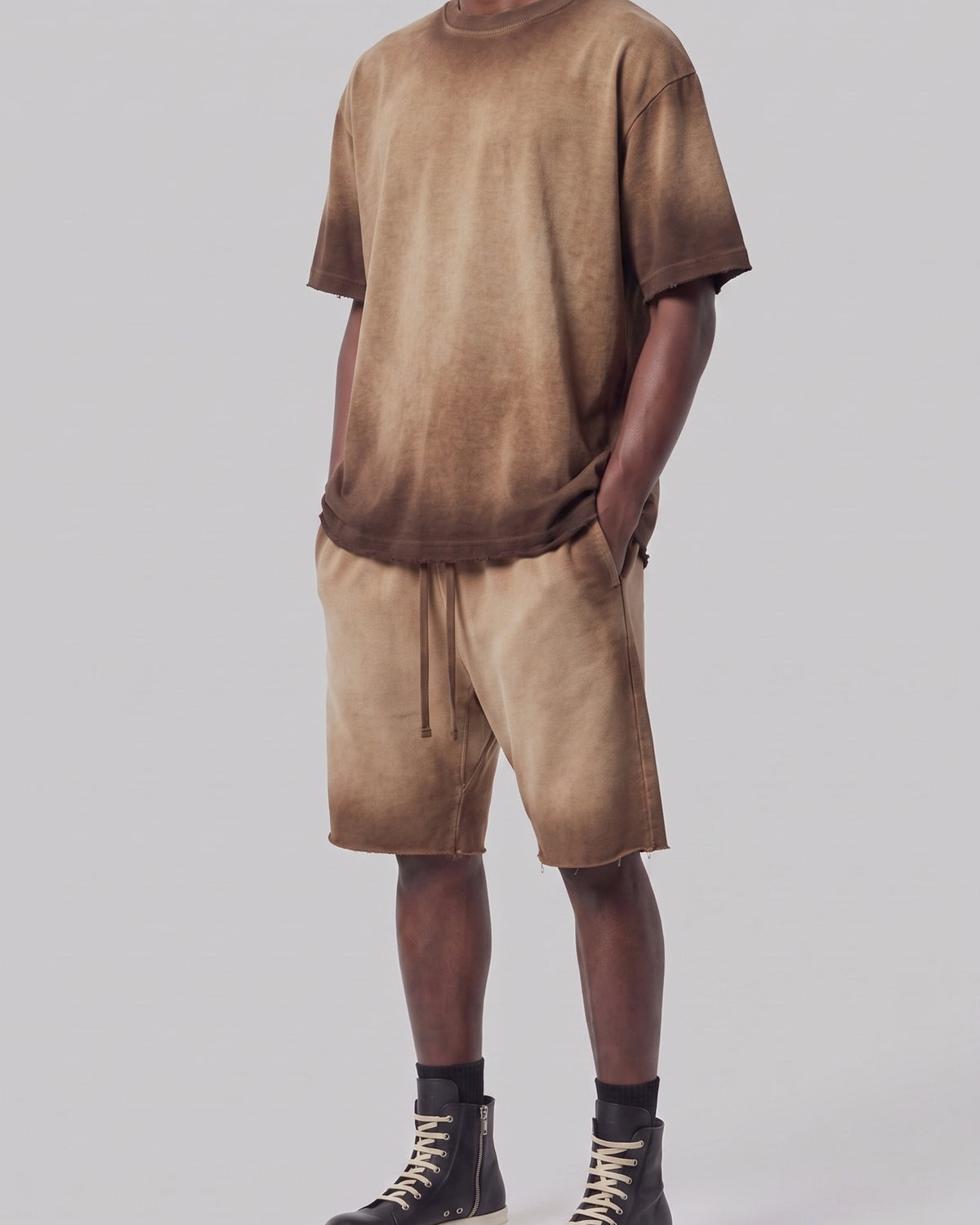 Washed Oversized Set in Caramel, fabric and construction detail