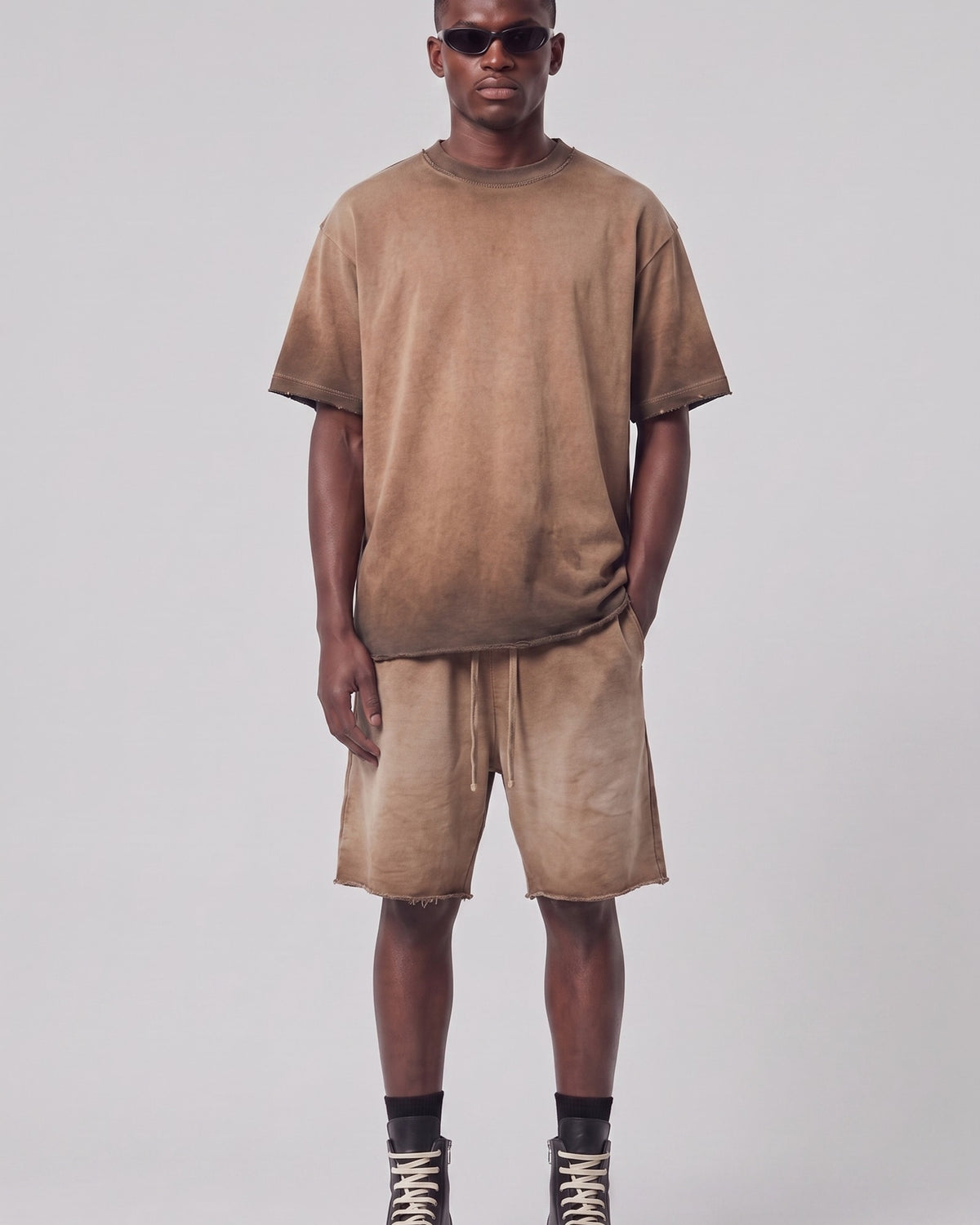 Washed Oversized Set in Caramel, fabric and construction detail