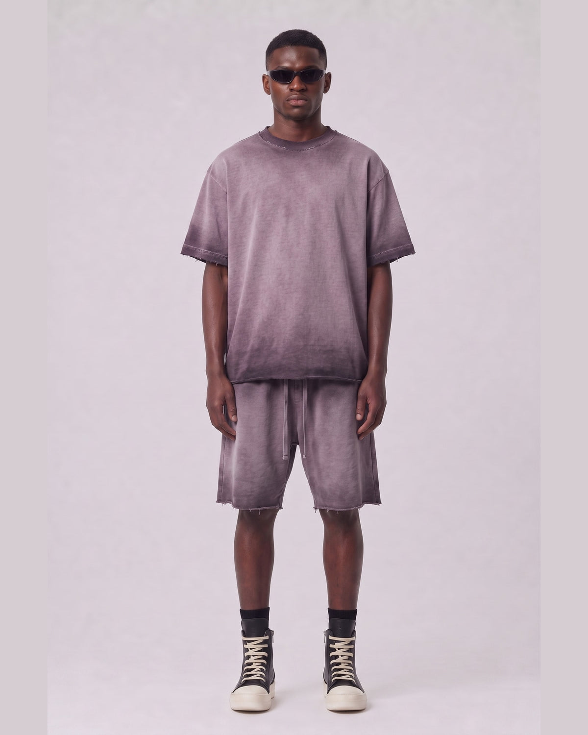 Washed Oversized Set in Dusty Plum, front view on model