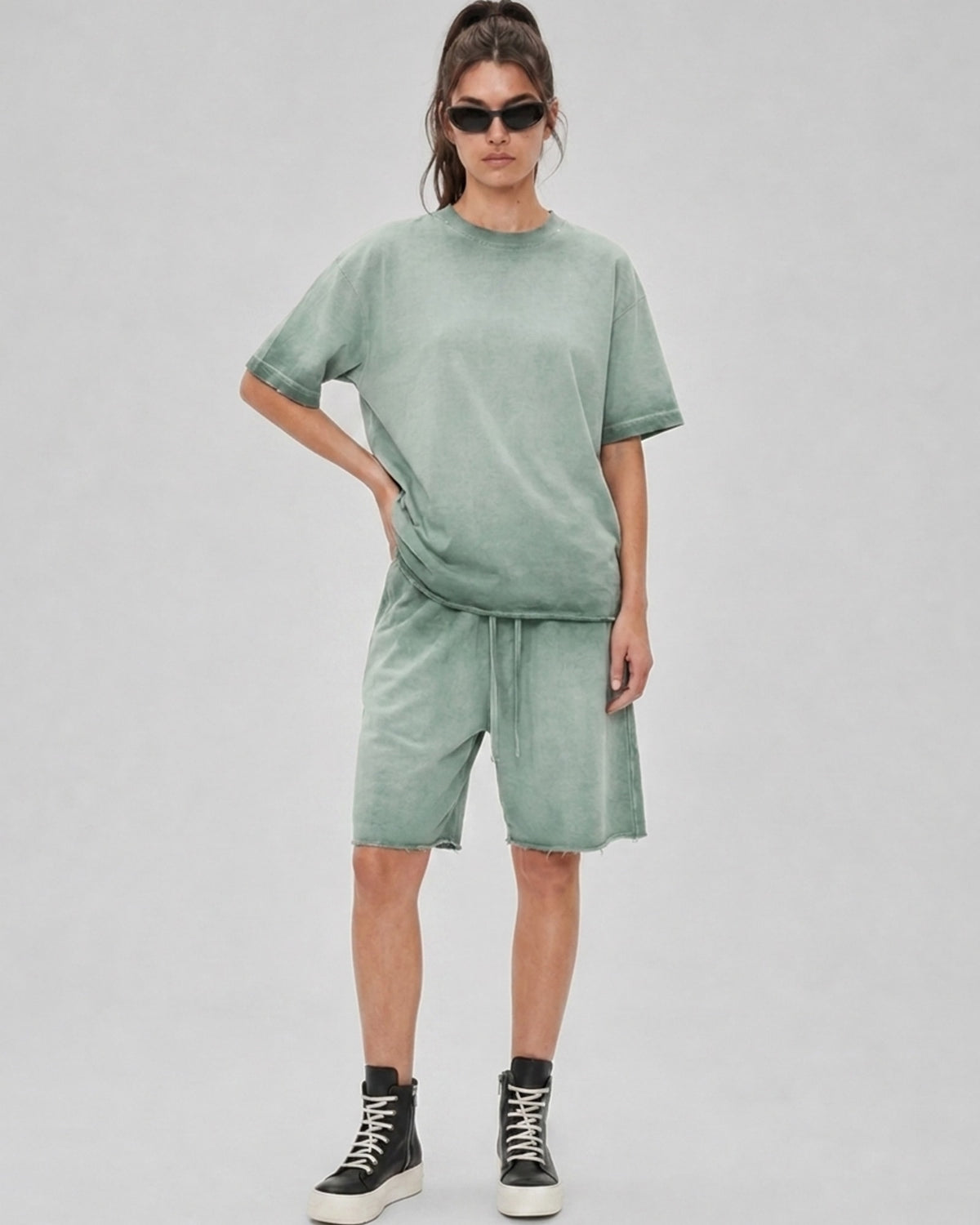 Washed Oversized Set in Sage Green, fabric and construction detail