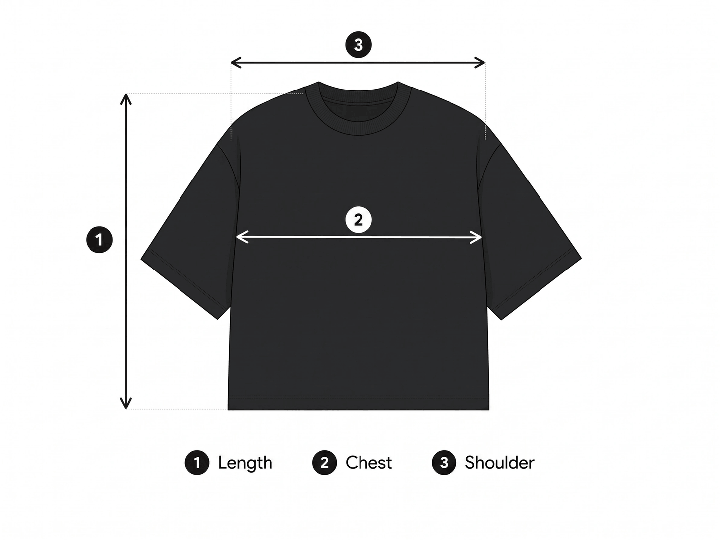 How to measure an OVRS tee: body length, shoulder width, chest width and sleeve length